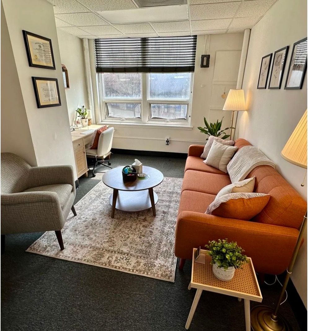 Our cozy office for in-person sessions, which comes with free parking