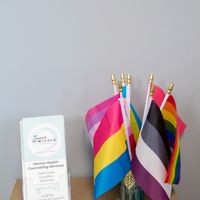 Gallery Photo of Our inclusivity flags - all are welcome to take a flag to decorate their room, car, etc.