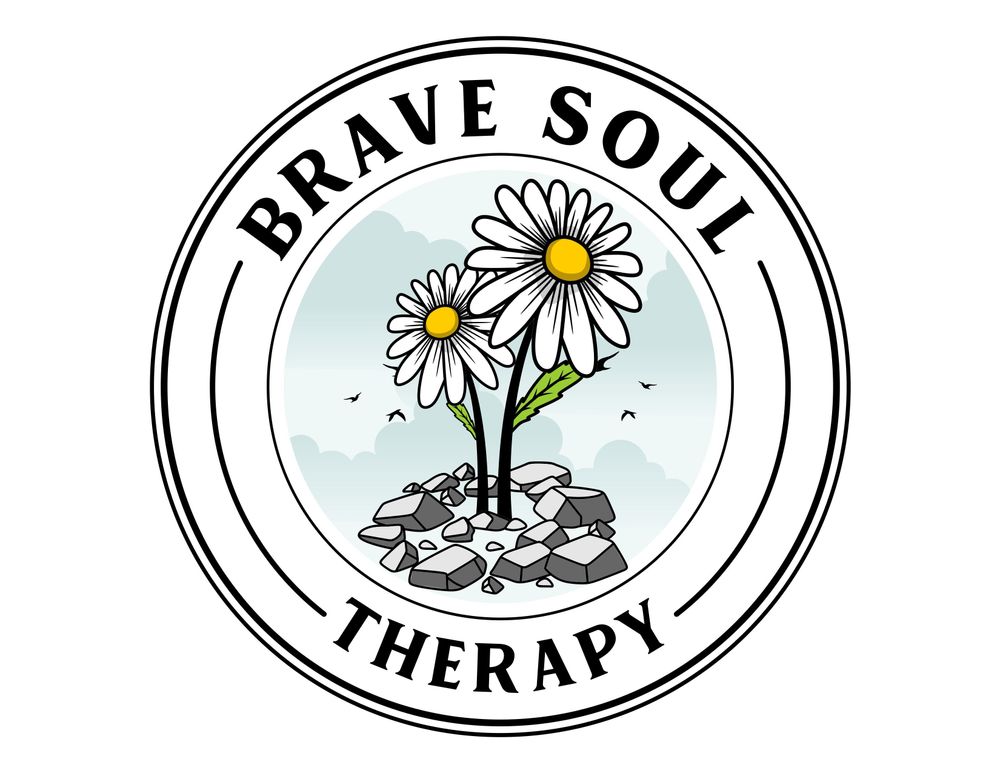 Brave Soul Therapy logo with two daisies growing through rocks, set against a sky with birds, symbolizing resilience and healing.