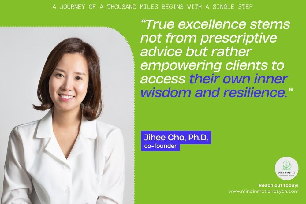 Dr. Jihee Cho is a licensed psychologist with a Ph.D. in Counseling Psychology from Fordham University and M.A. in Mental Health Counseling