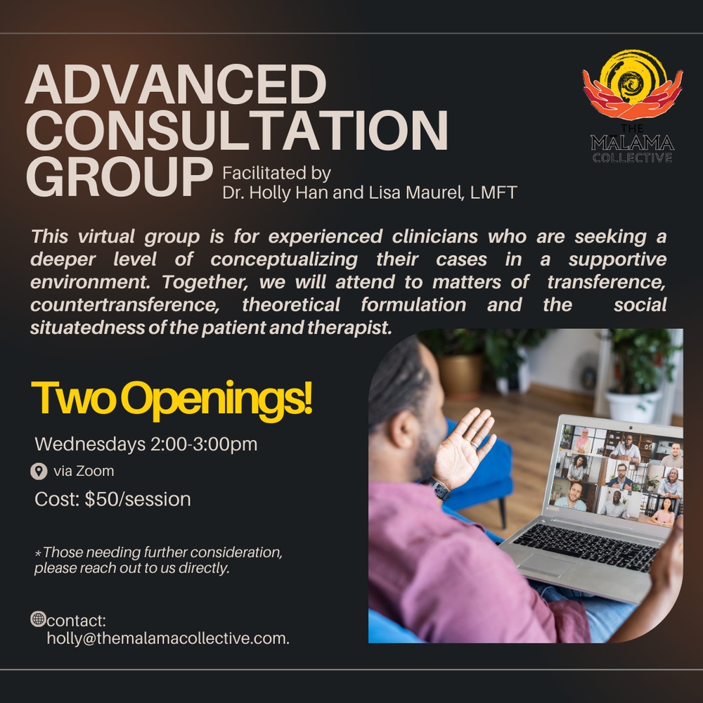 As a founding board member of The Malama Collective, I am currently co-facilitating an advanced clinical consultation group.