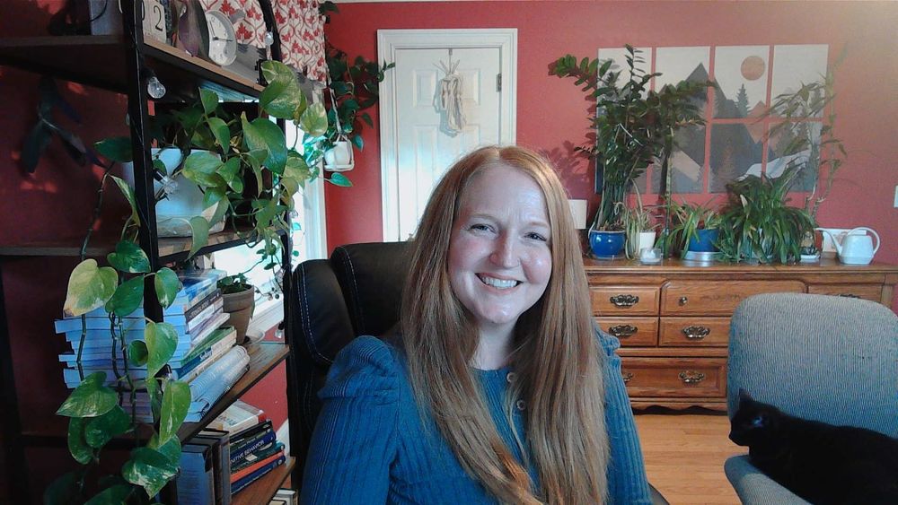 This is the scene you will see during telehealth sessions. Lots of warm plants, and sometimes a cat in the background!