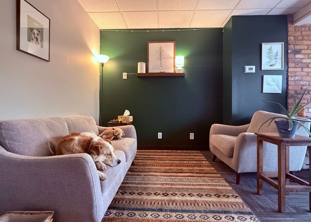 Thor often joins people on the couch during session, although he doesn't have to (this is your session not his), many people find him comforting. 