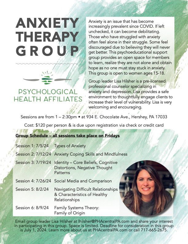 I am excited to lead my first therapy group on anxiety through PHA from July 5th to August 9th! Additional info in flyer
