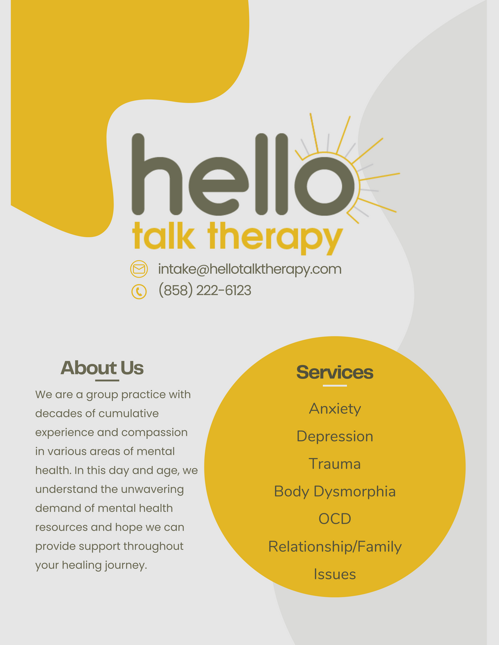 Multiple therapists accepting clients! Please feel free to contact us for more information.