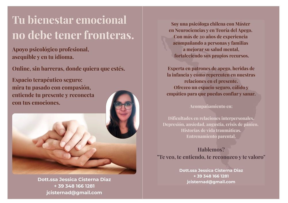 Psicóloga Chilena con 2 Másters en Italia. Experta en vínculo y trauma. Atención online desde Roma, para Chile y comunidad hispanoparlante en Europa.