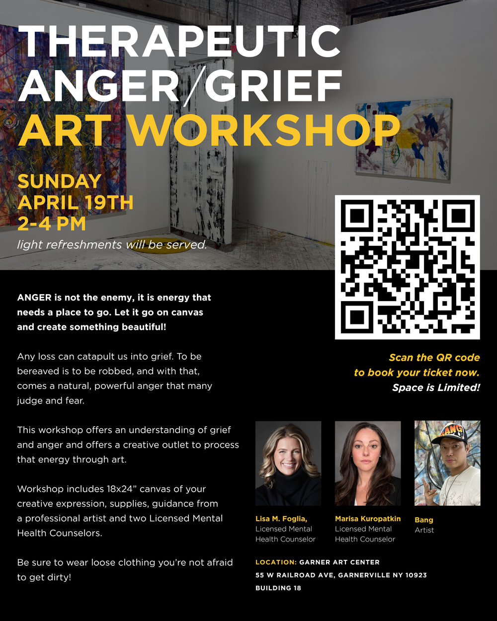 Rescheduled!
Join us for a therapeutic art workshop on Sunday, April 19th, 2pm-4pm. Book now! Space is limited!