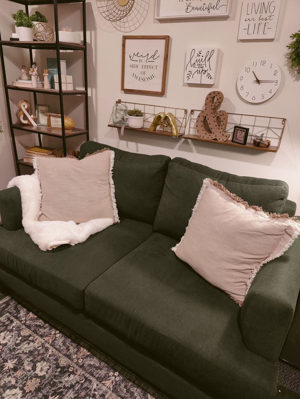 The room is designed to feel warm, calming and inviting. Settle into the comfy couch and take a breath; this is a place where you can feel at ease.