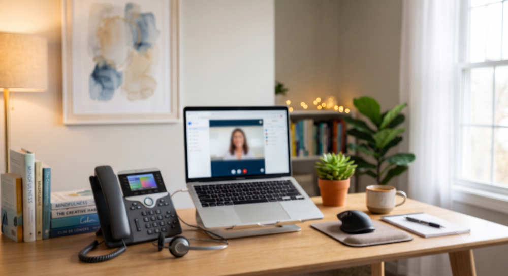A peek into my calm, private virtual office, where our sessions together take place.